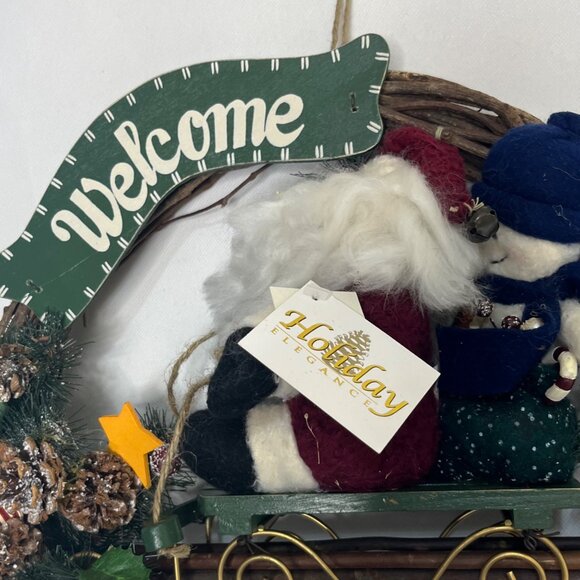 Holiday Elegance Santa Snowman Welcome Wreath Sleigh Design New - Picture 4 of 9